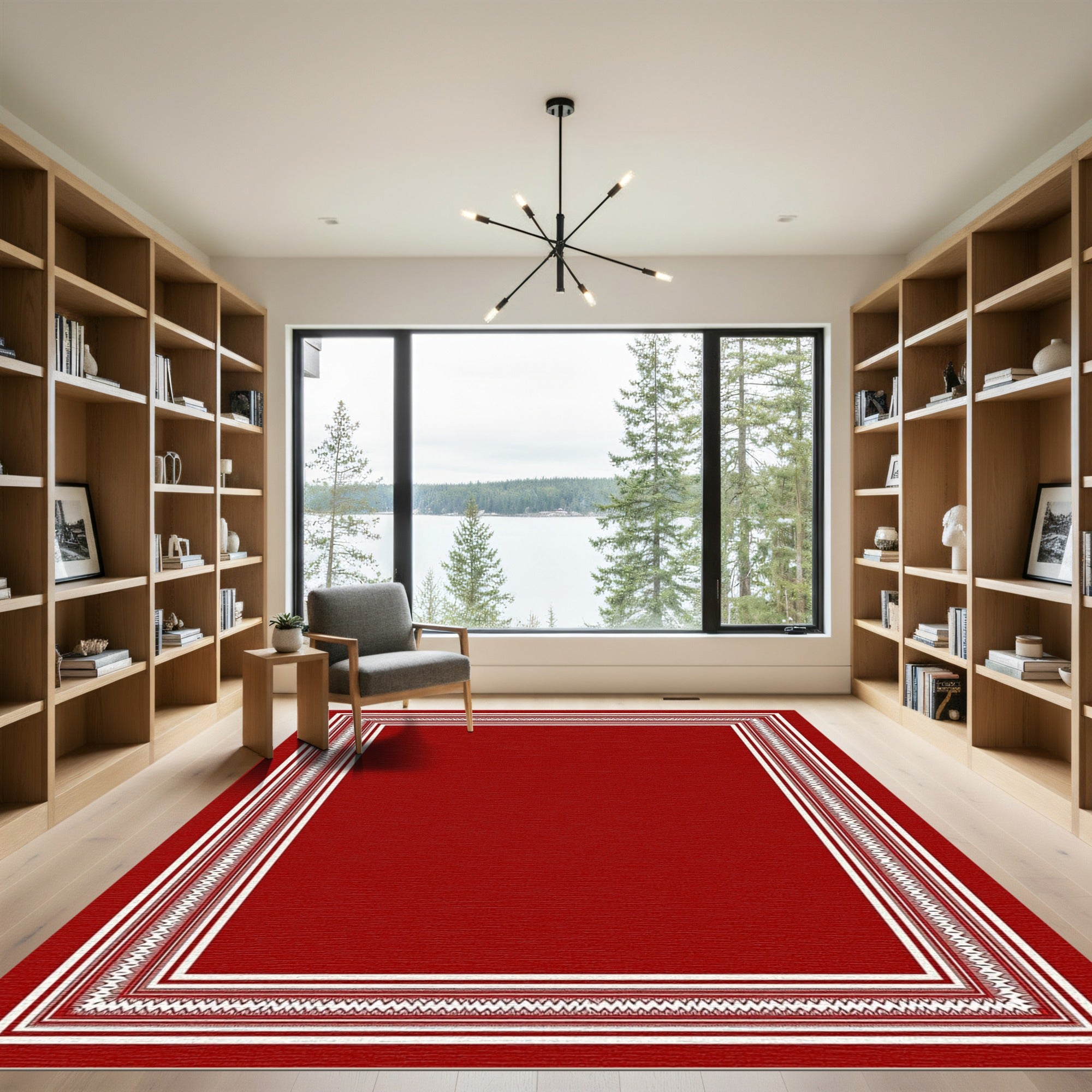 Rich Crimson Ivory Geometric Border Rug
