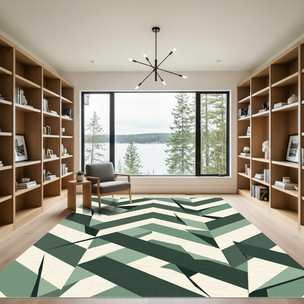 Modern Sage Green Geometric Chevron Rug