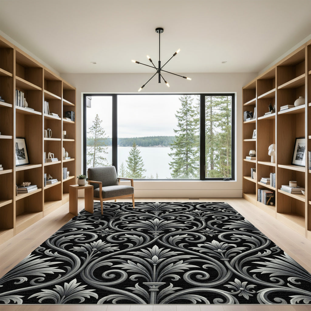 Monochromatic Charcoal Baroque Foliage Scroll Rug