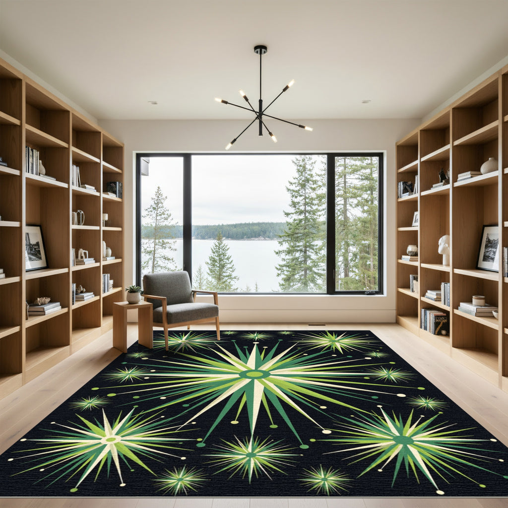 Mid-Century Green Geometric Starburst Art Rug