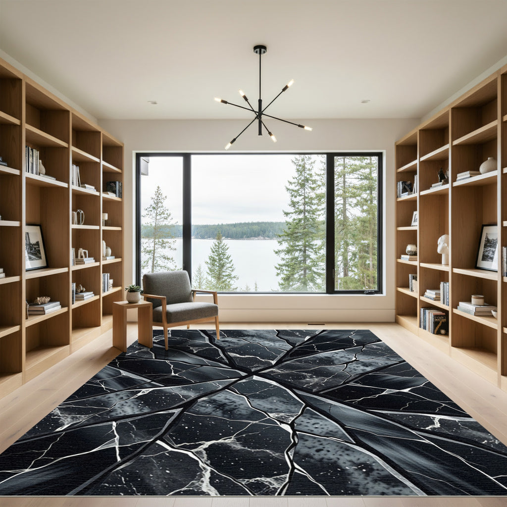 Abstract Black White Geo Marble Rug