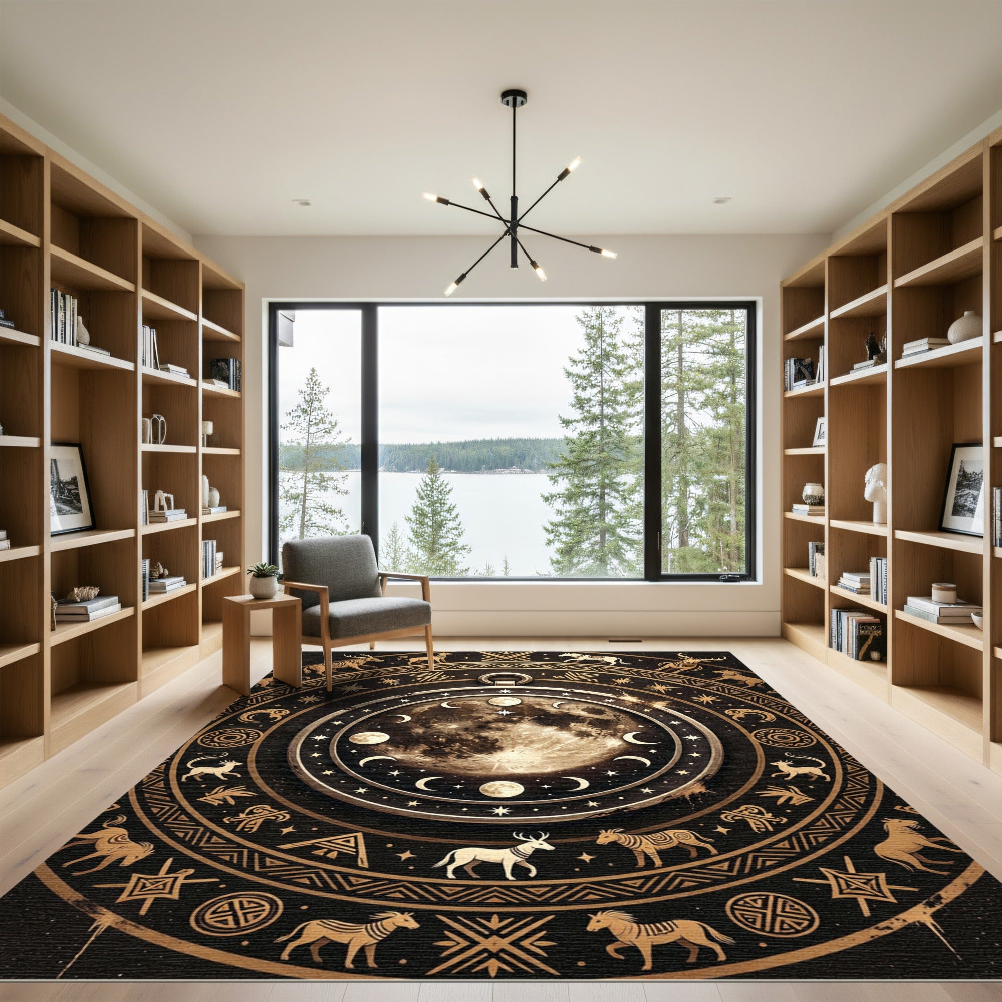 Celestial Lunar Gold Zodiac Circle Rug