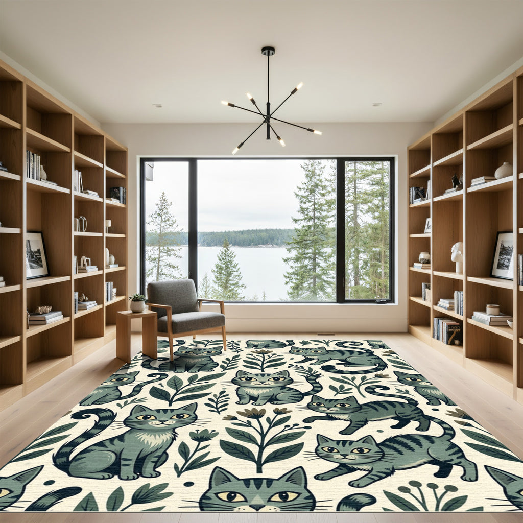 Whimsical Sage Gray Tabby Cat Floral Rug