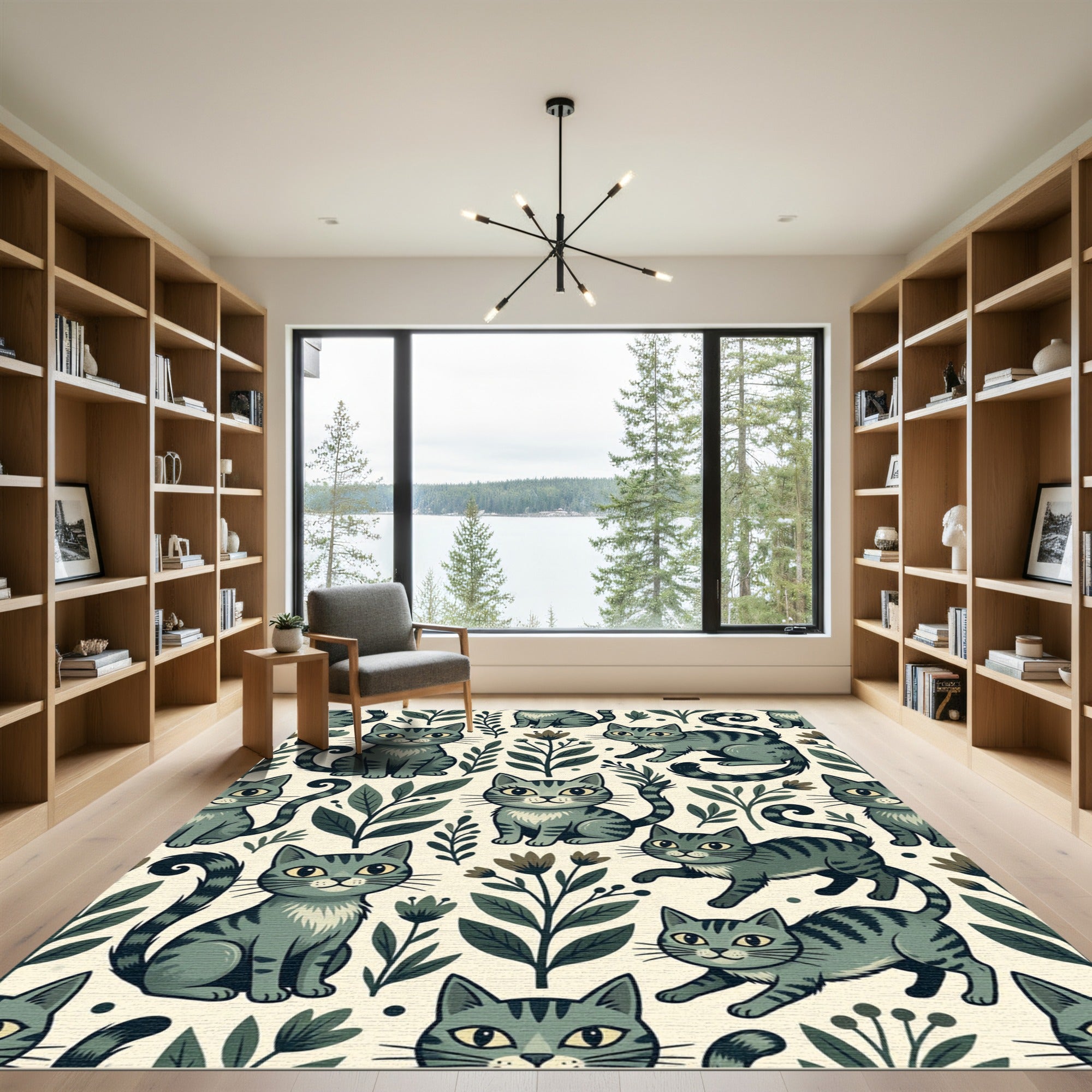 Whimsical Sage Gray Tabby Cat Floral Rug