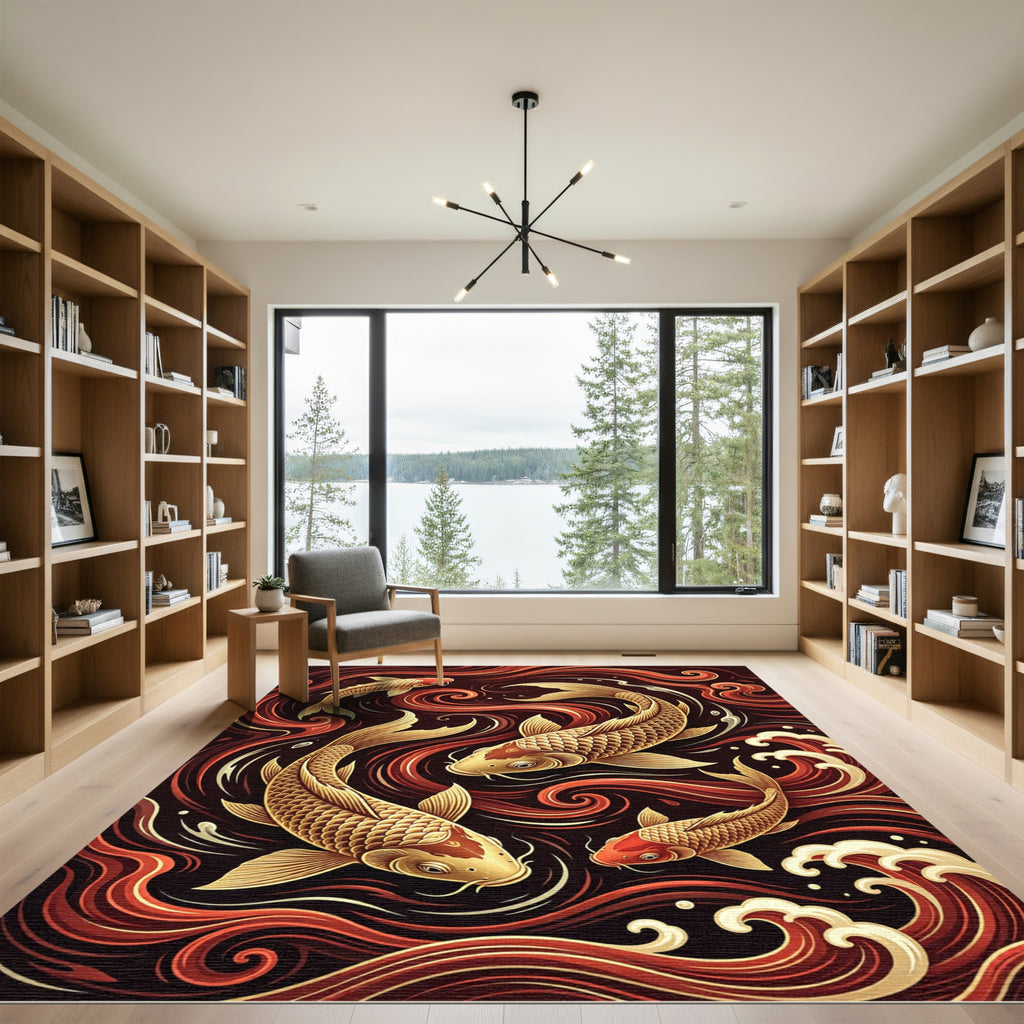 Golden Koi Fish Crimson Swirling Waves Rug