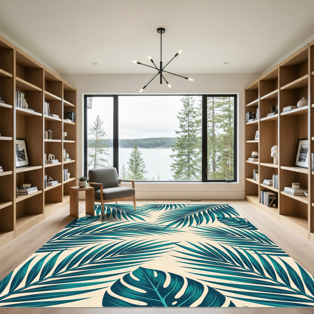 Teal Tropical Leaf Pattern Rug