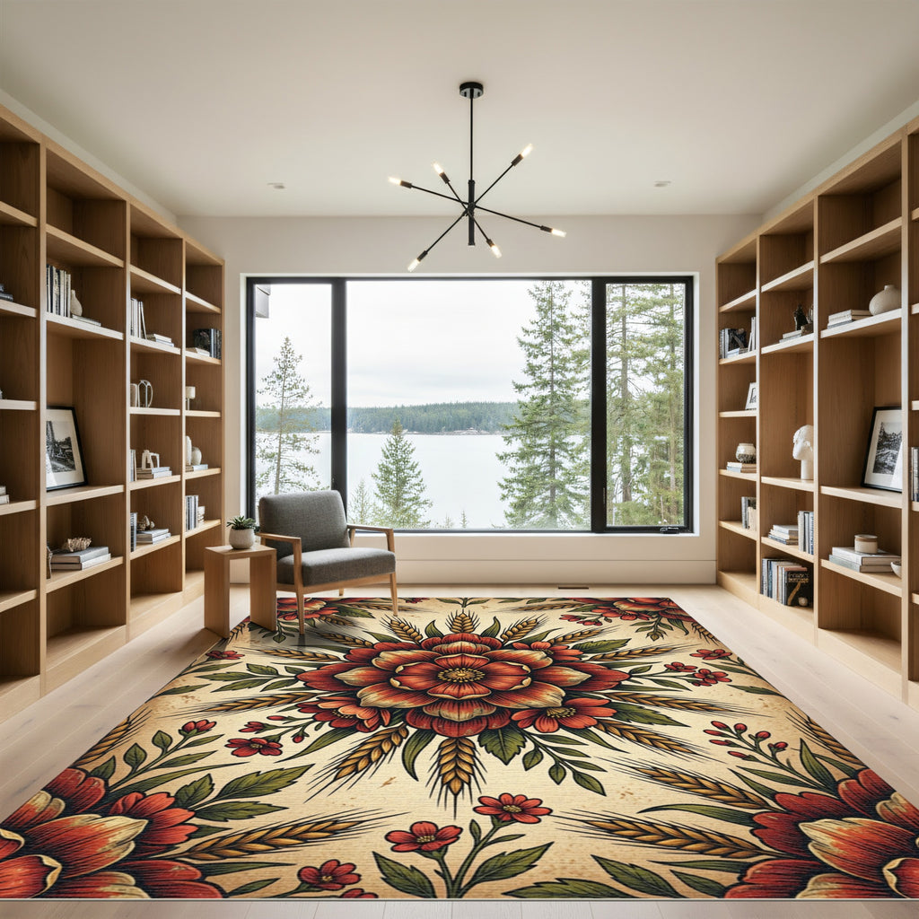 Vintage Rustic Wheat and Floral Medallion Rug