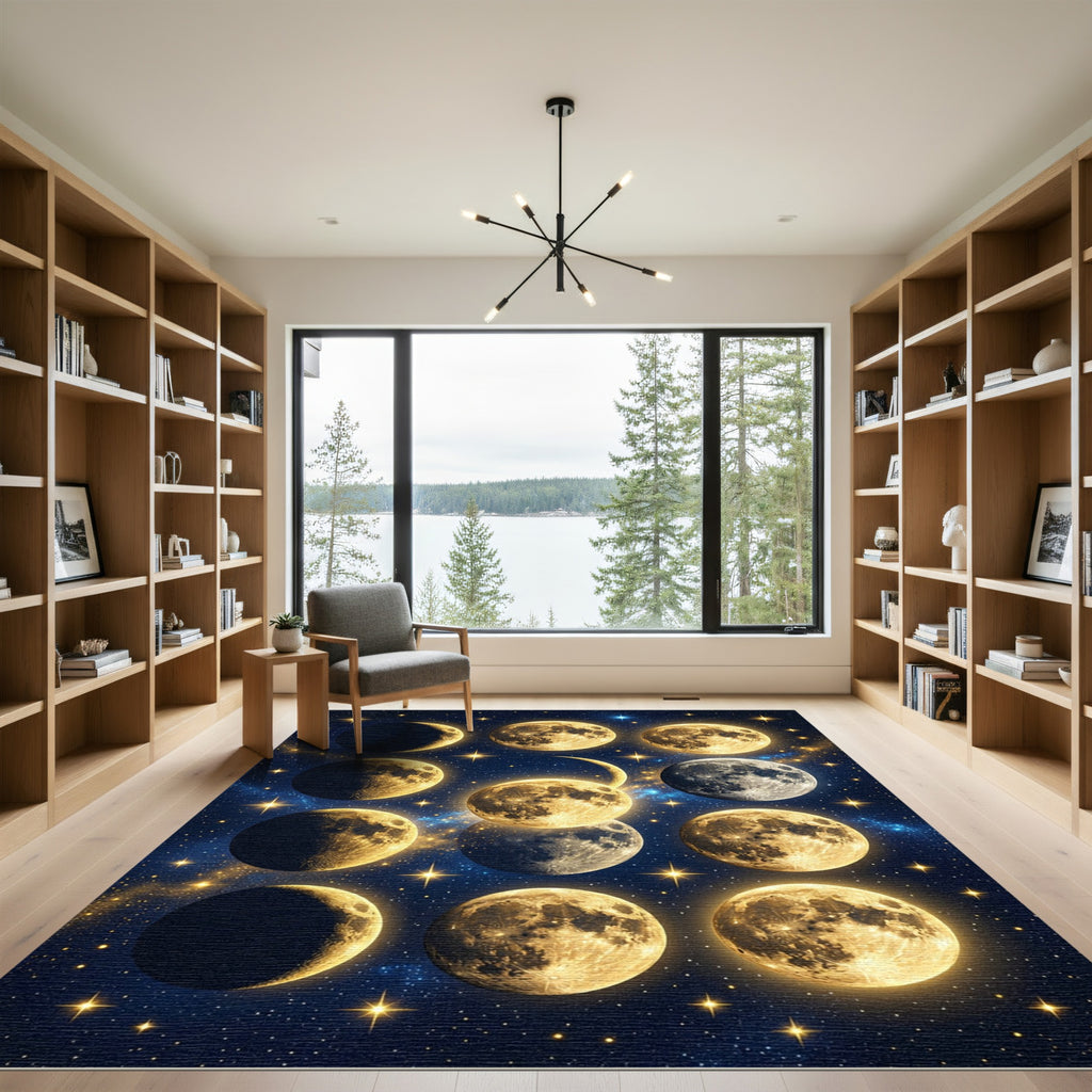 Golden Celestial Moon Phase Galaxy Rug