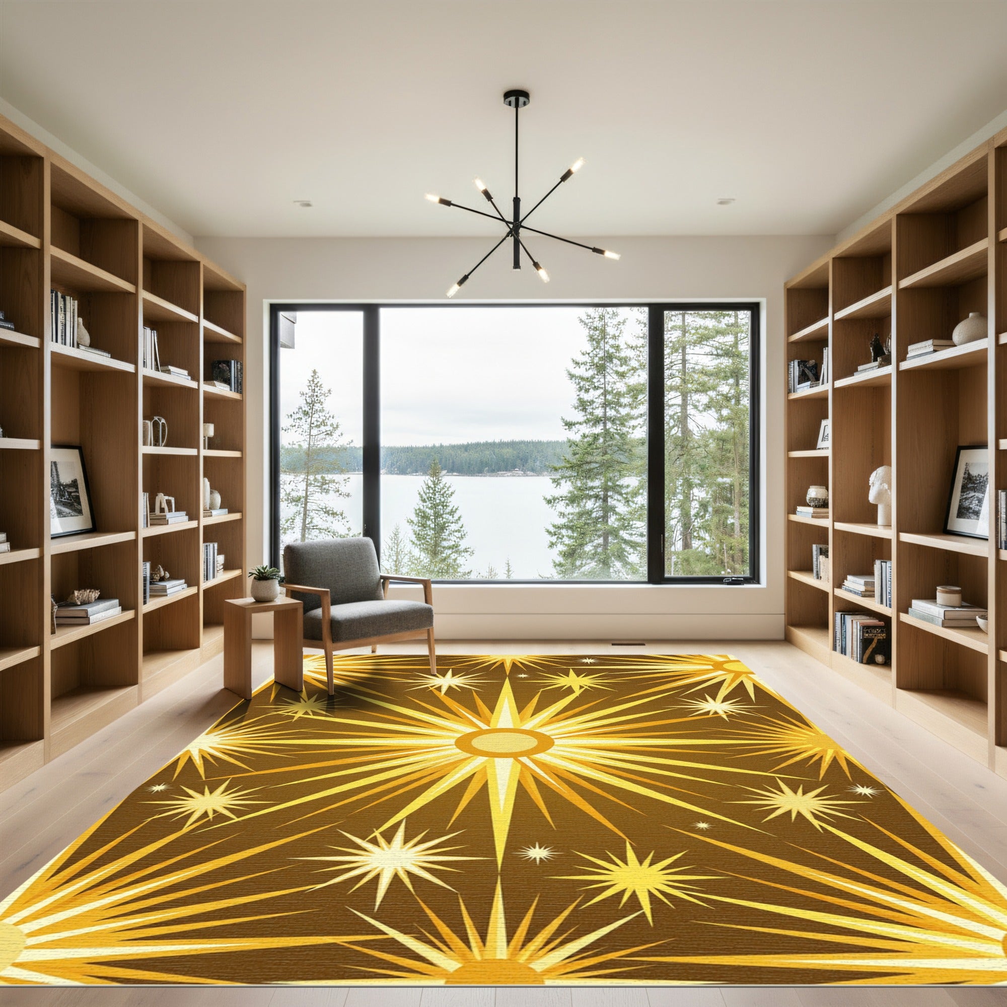 Radiant Golden Celestial Sunburst Art Rug