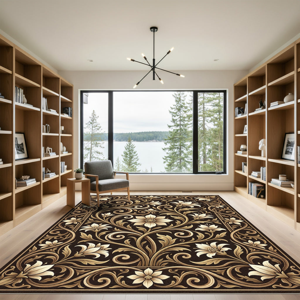 Elaborate Gilded Floral Swirl Art Rug
