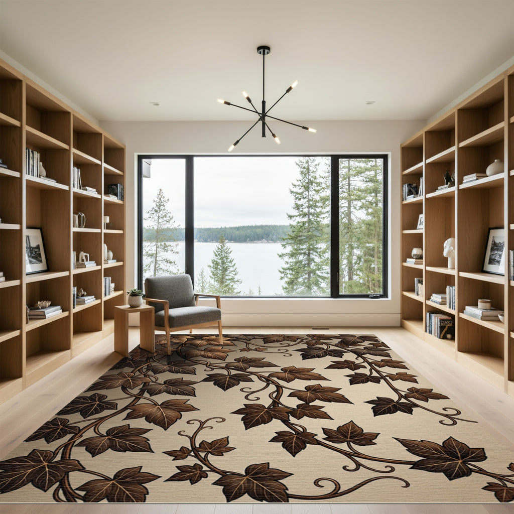Rich Brown Leaf Vine Scroll Rug