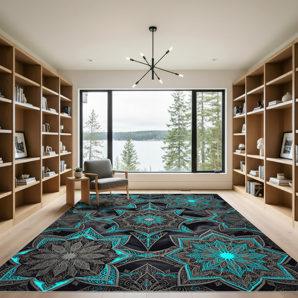 Luminous Teal Silver Celestial Starry Art Rug