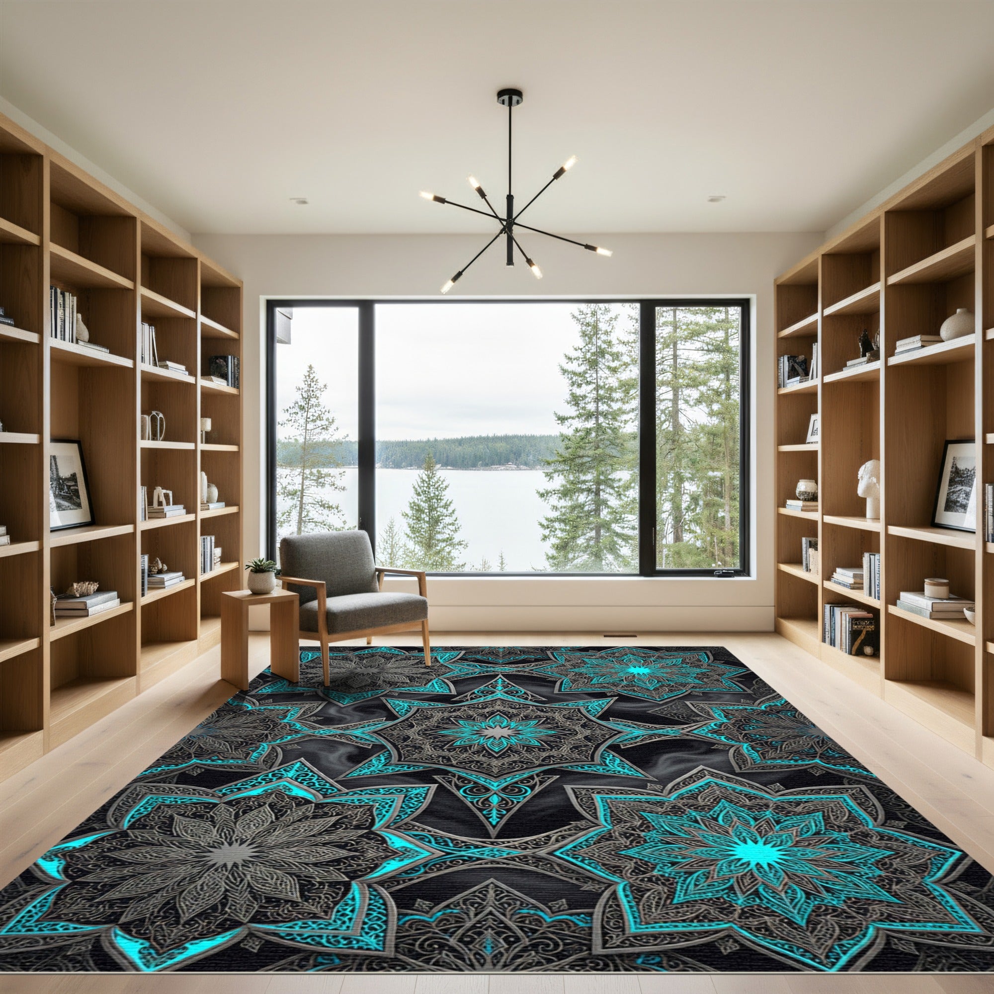 Luminous Teal Silver Celestial Starry Art Rug