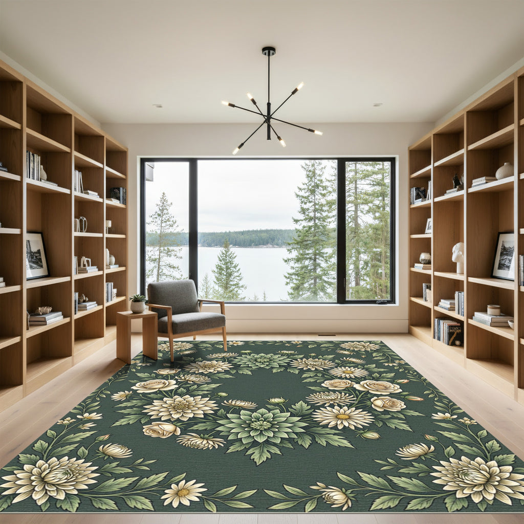 Elegant Sage Green Floral Wreath Rug