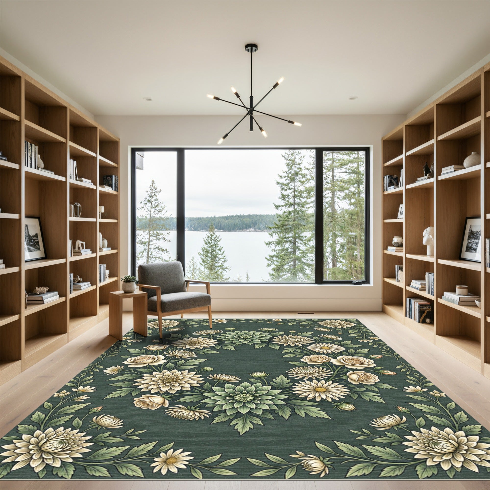 Elegant Sage Green Floral Wreath Rug