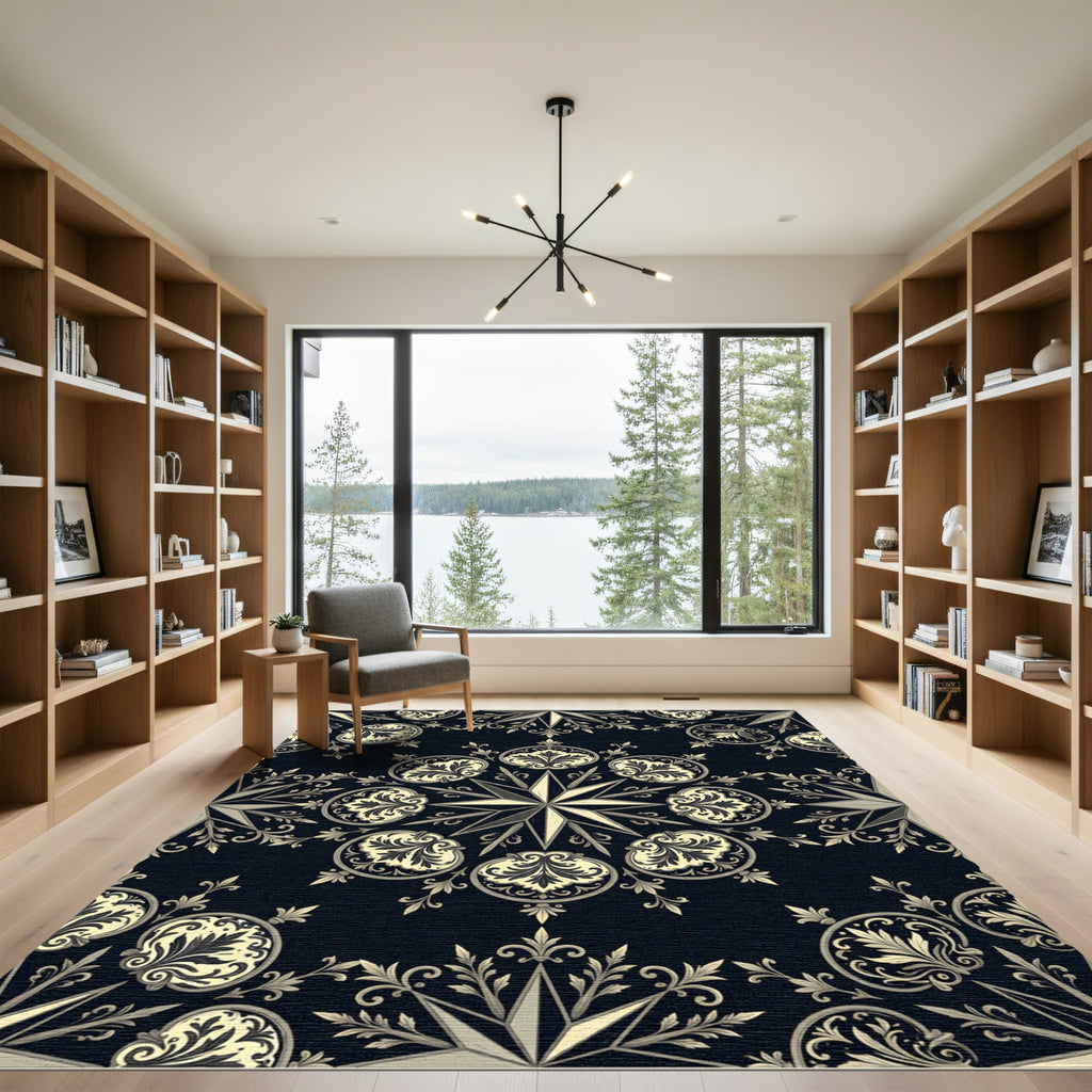 Ornate Black and Gold Scroll Medallion Rug