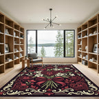 Intricate Red Heart Floral Bouquet Border Rug