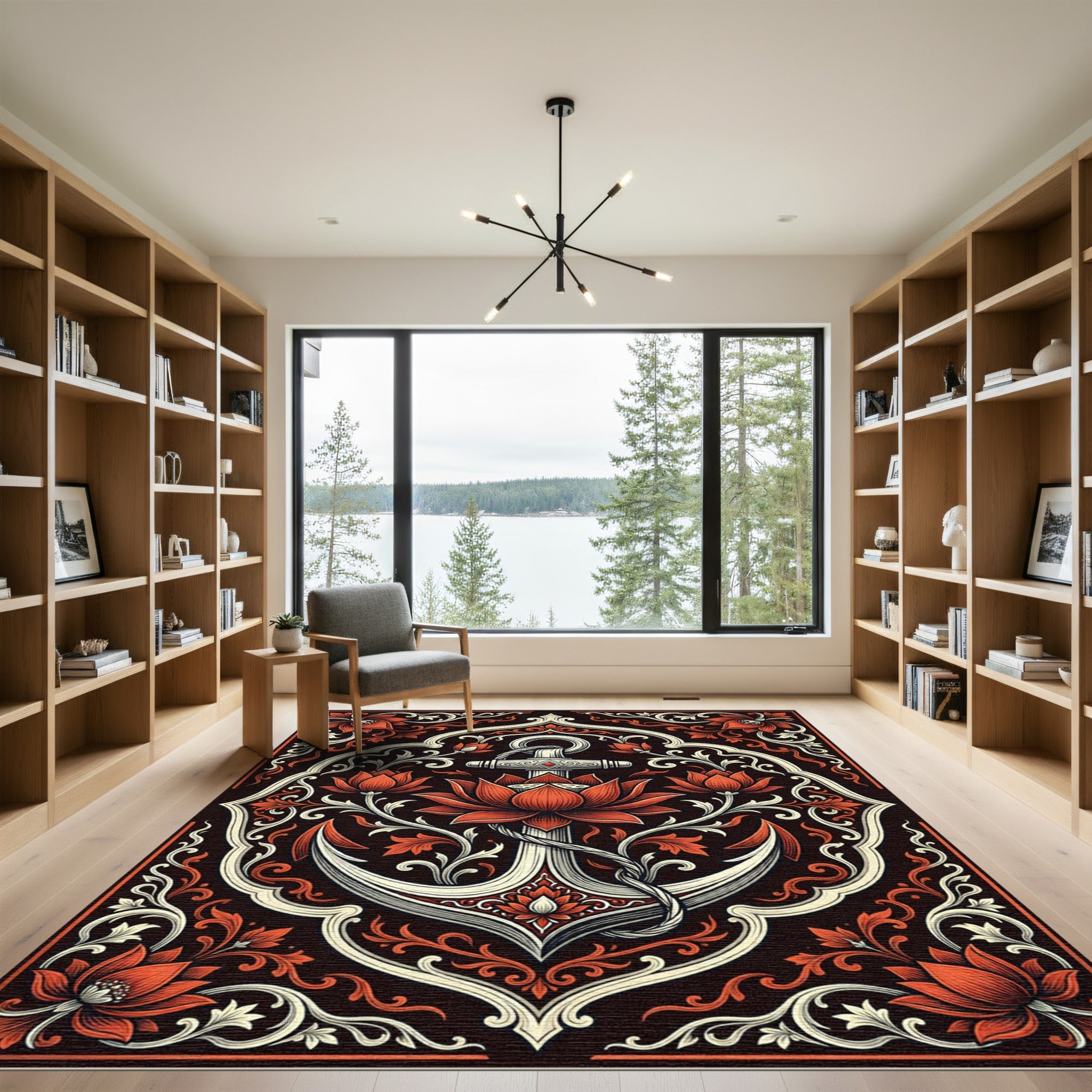 Ornate Crimson Lotus Anchor Tapestry Rug