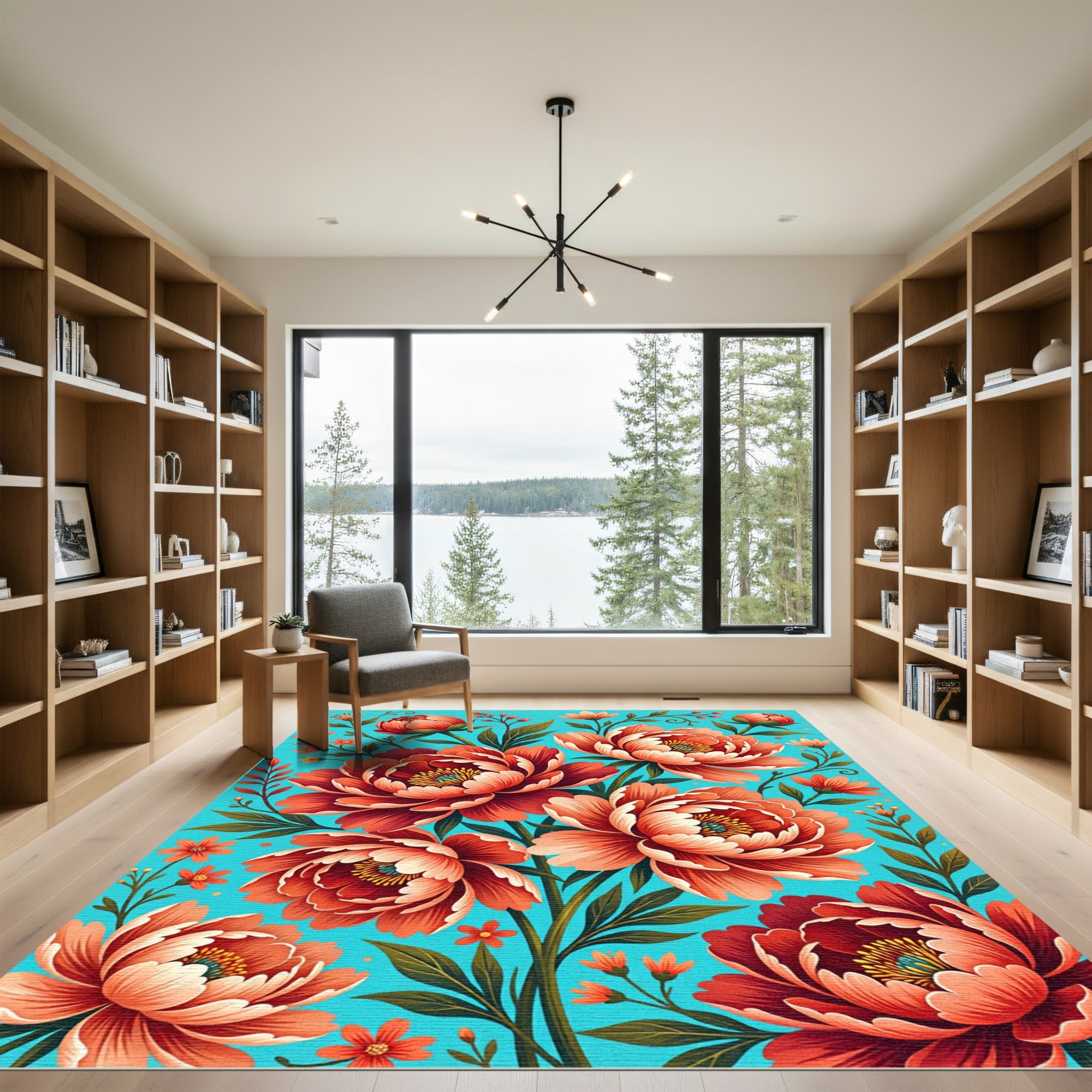 Vibrant Coral Peony Floral Bloom Rug