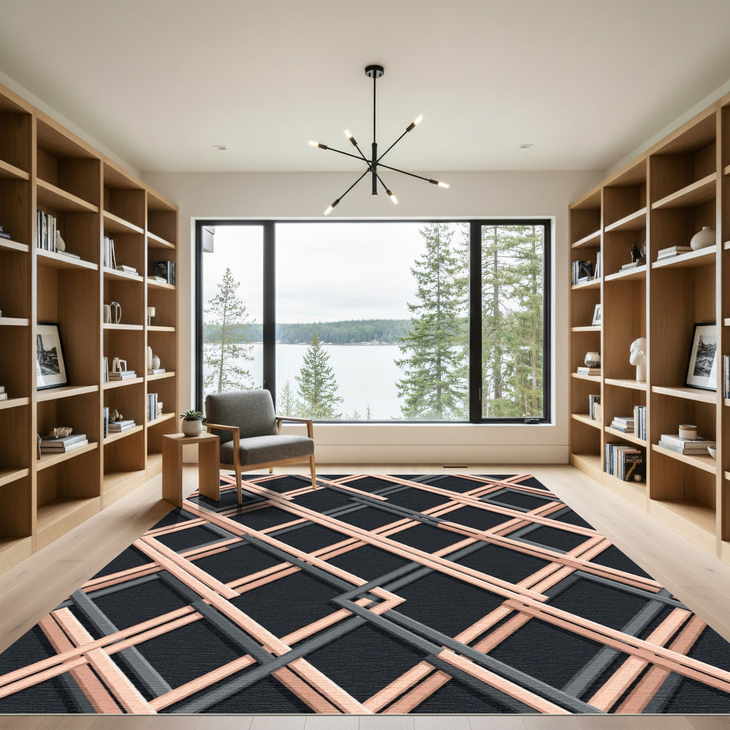 Modern Blush Peach Intersecting Grid Rug