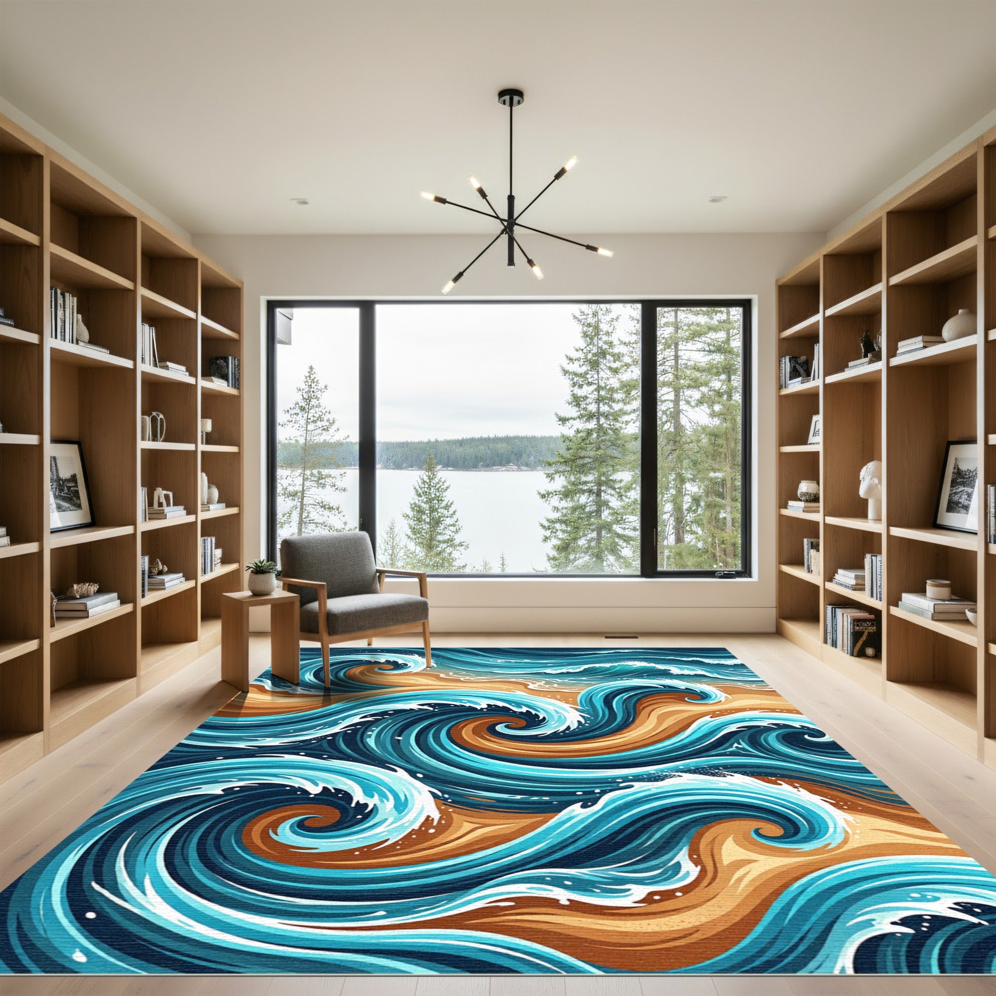Swirling Ocean Waves Azure Golden Sand Rug