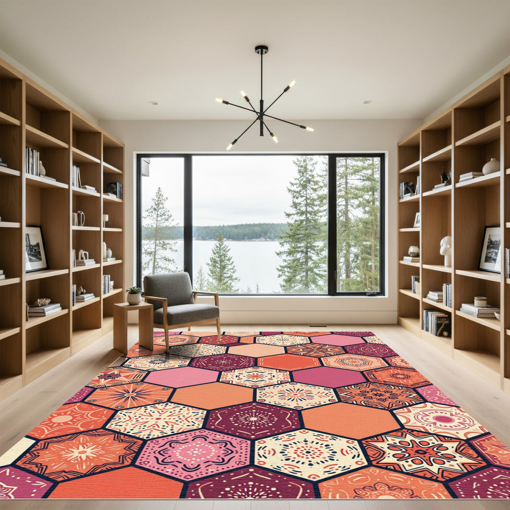 Terracotta Pink Hexagon Medallion Collage Rug