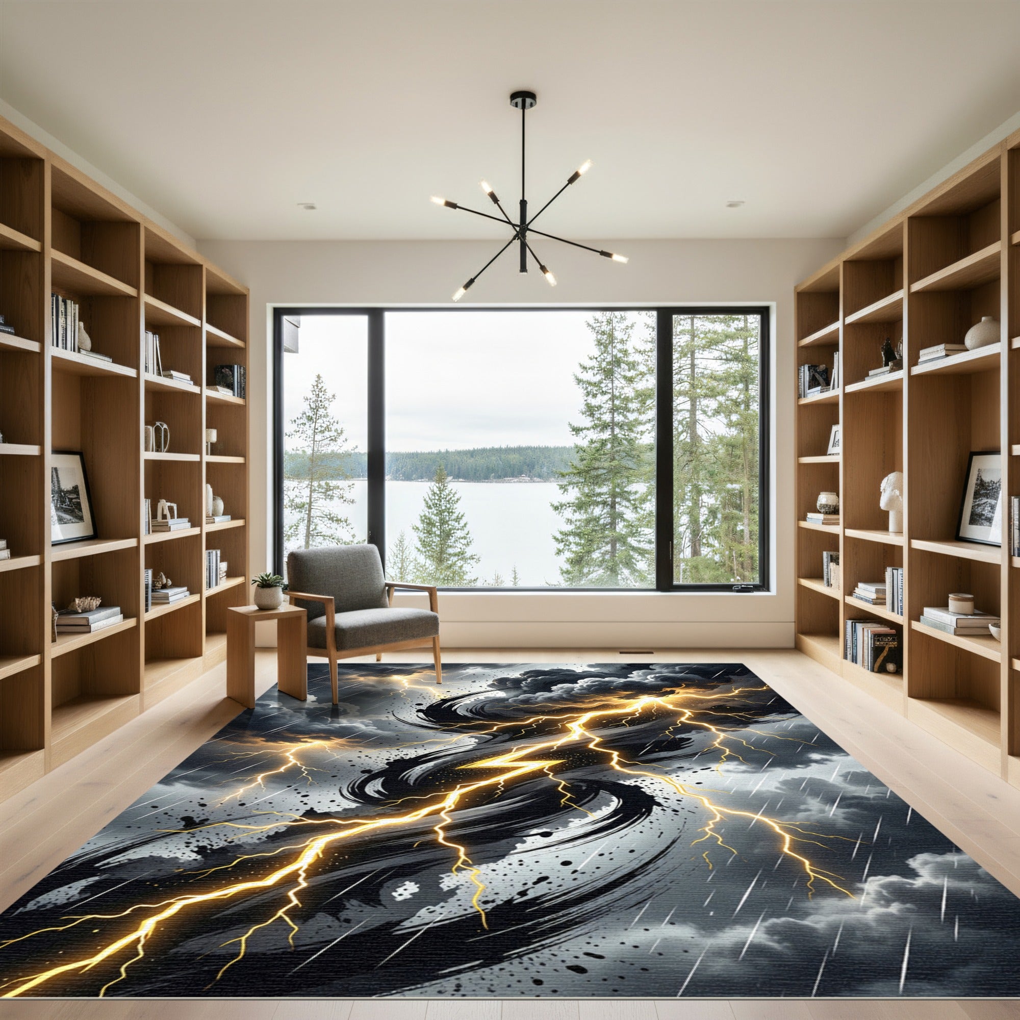 Electric Golden Lightning Storm Abstract Rug