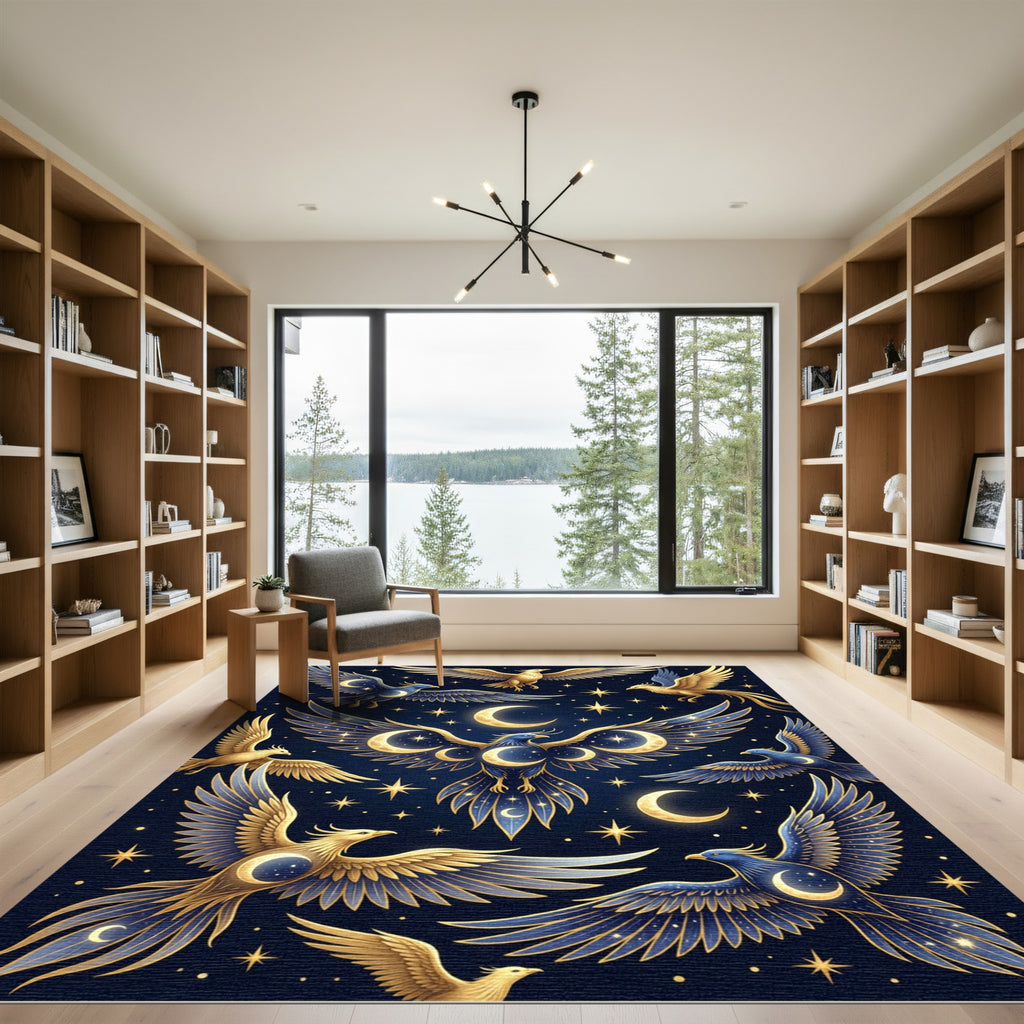 Golden Celestial Phoenix Moon Stars Rug