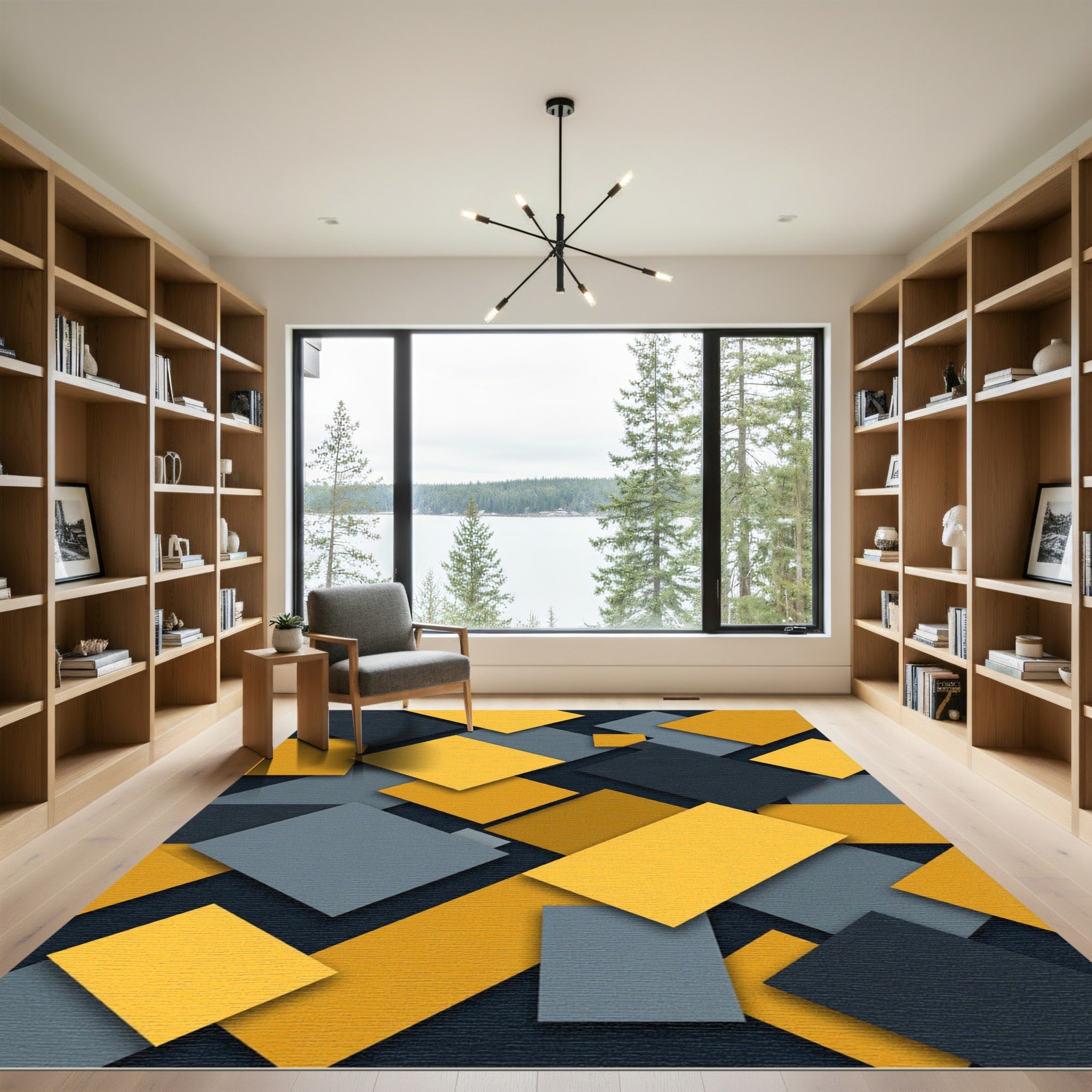 Modern Geometric Yellow Gray Abstract Blocks Rug