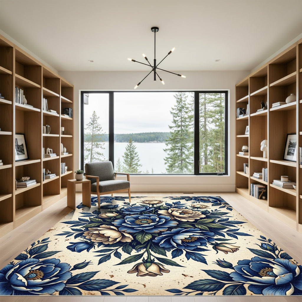 Classic Blue Cream Rose Bouquet Rug