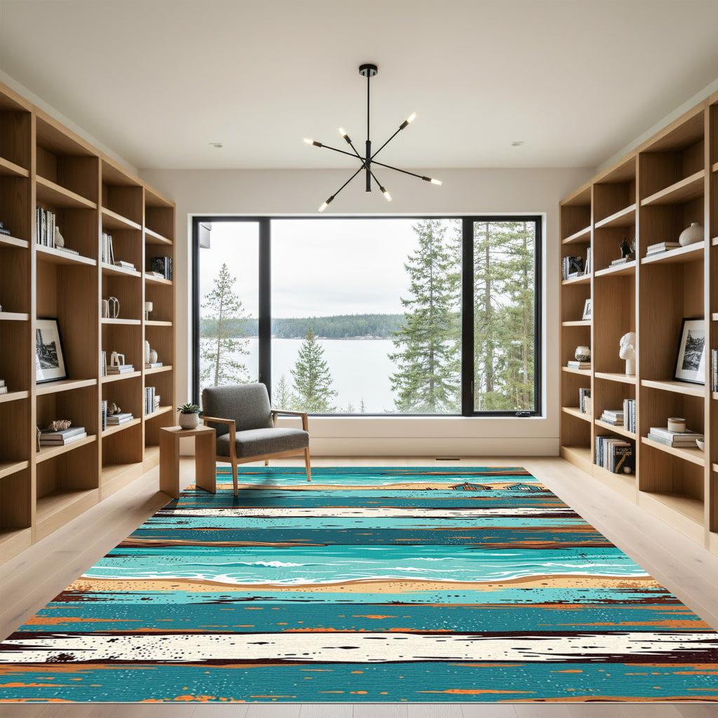 Coastal Beach House Striped Ocean Scene Rug