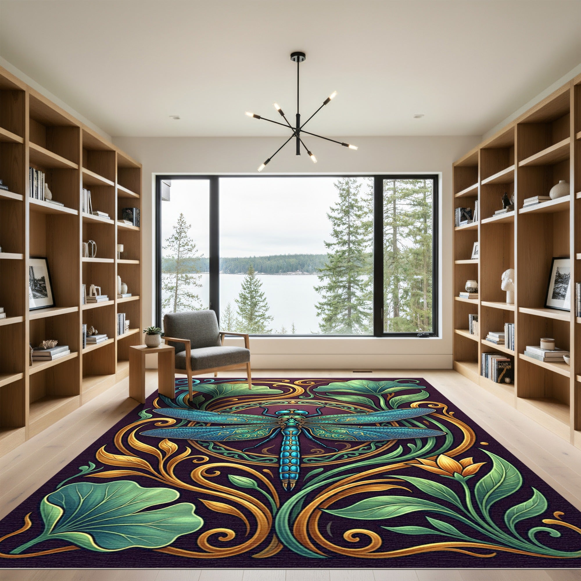 Art Nouveau Dragonfly Teal Gold Floral Rug