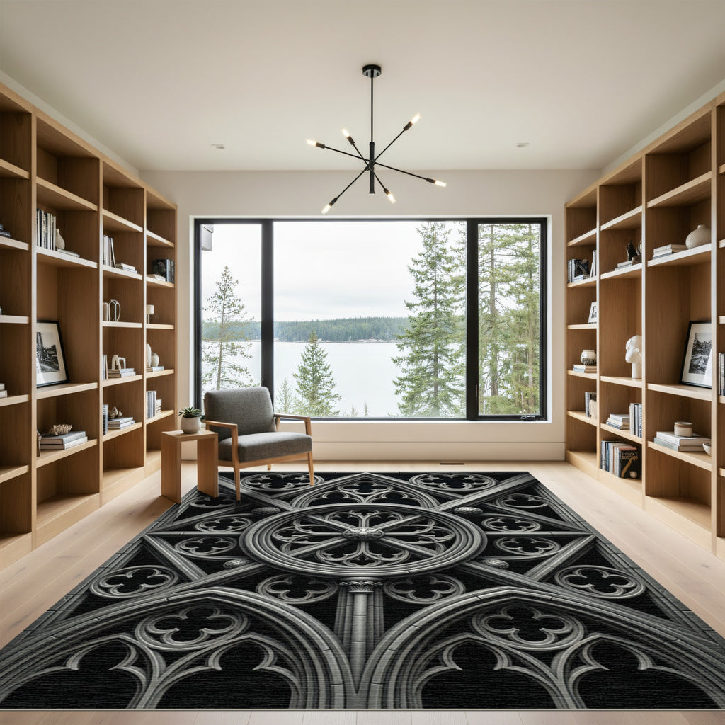 Monochromatic Gothic Architectural Stone Medallion Rug