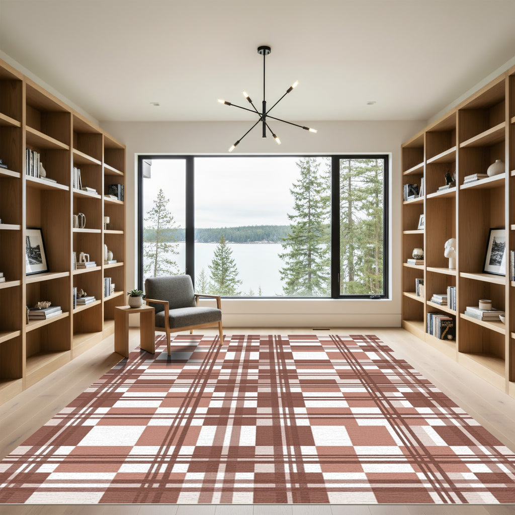 Modern Terracotta Brown Plaid Grid Rug