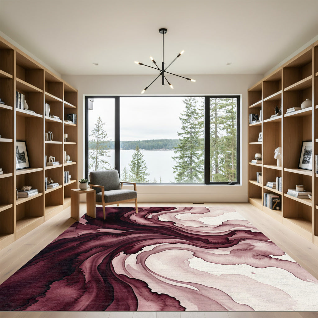 Deep Maroon Liquid Swirl Abstract Rug