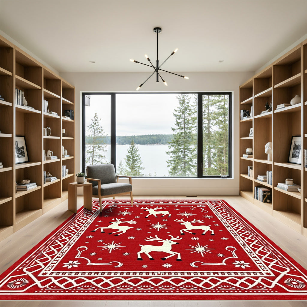 Rustic Red White Reindeer Snowflake Scape Rug