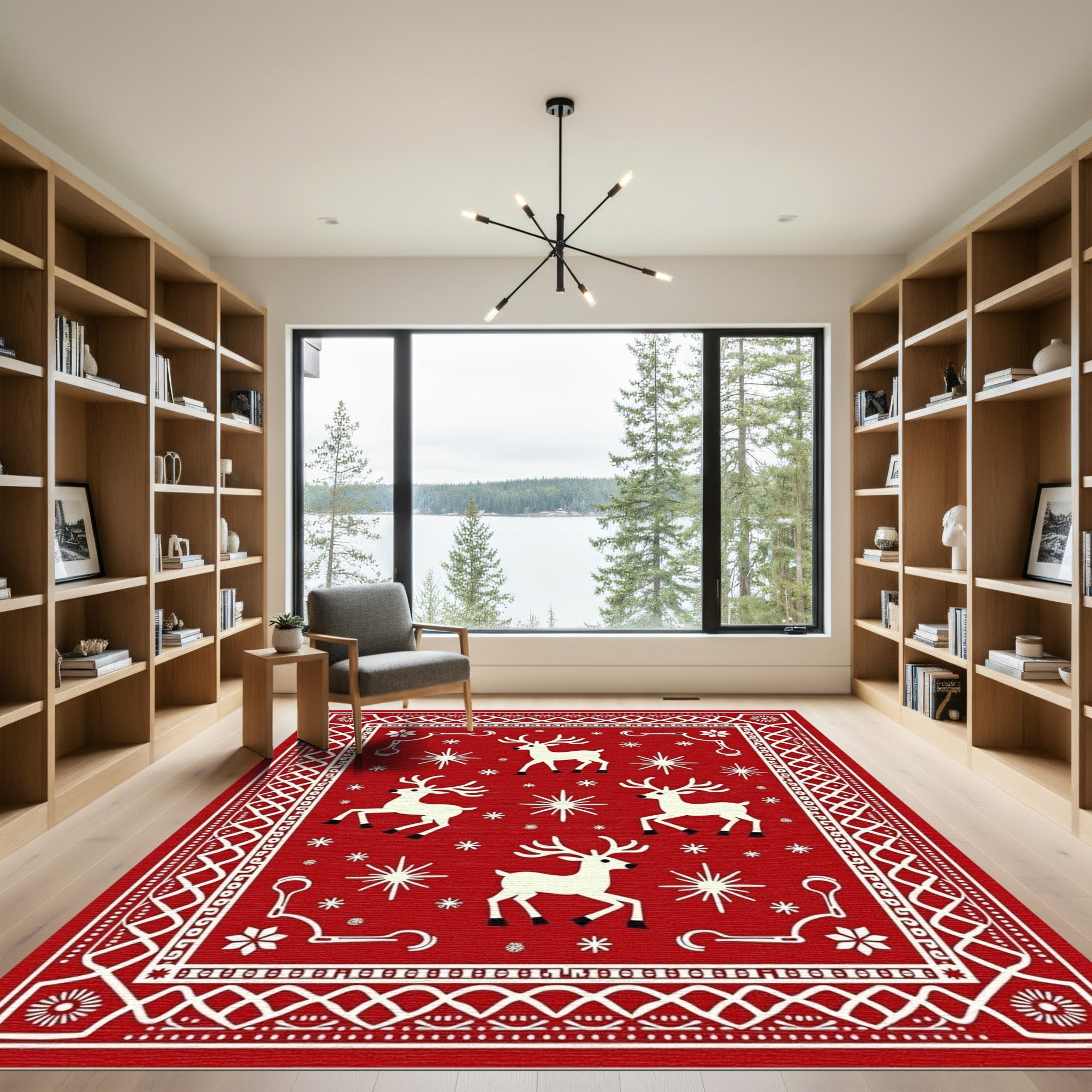 Rustic Red White Reindeer Snowflake Scape Rug
