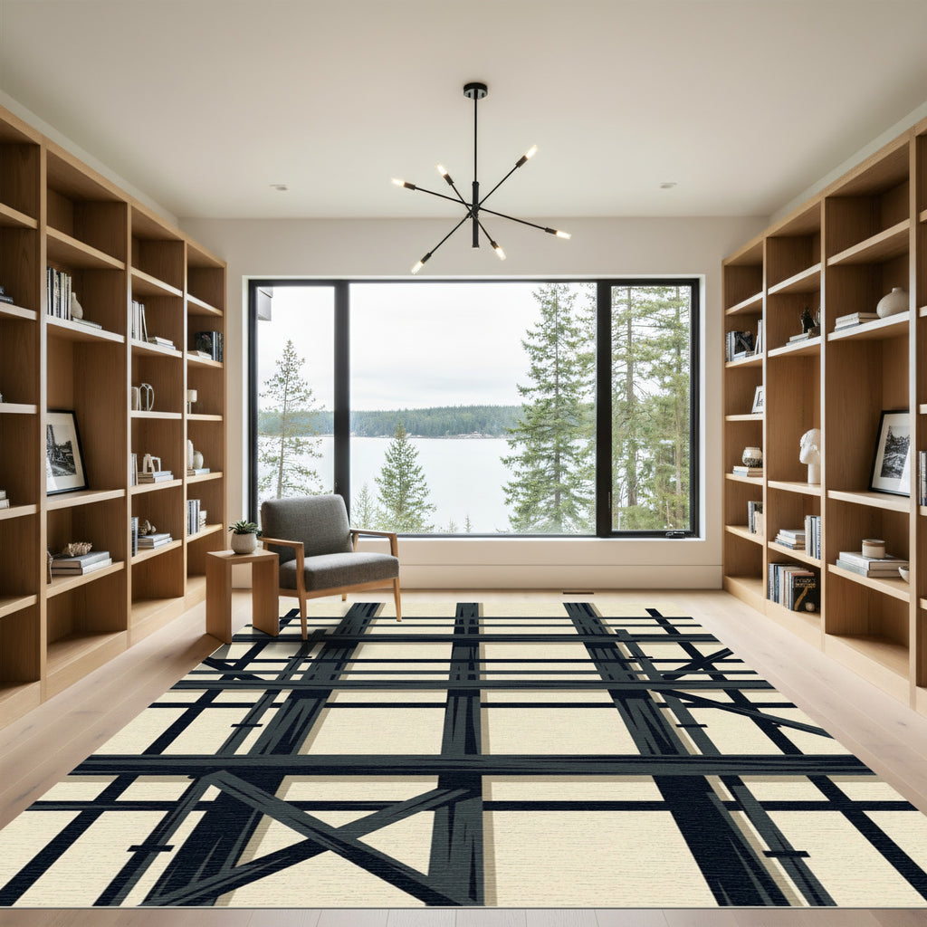 Black Grid Abstract Geometric Layout Rug