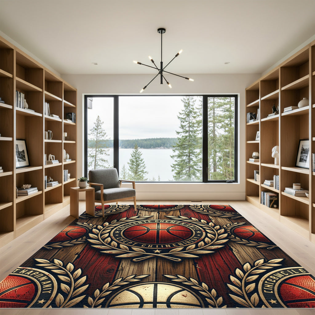 Golden Basketball Crest Wooden Planks Rug