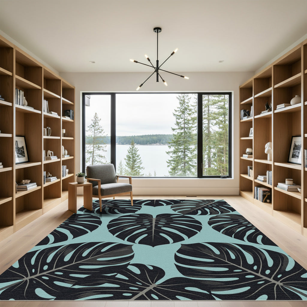 Lush Tropical Monstera Leaf Teal Rug