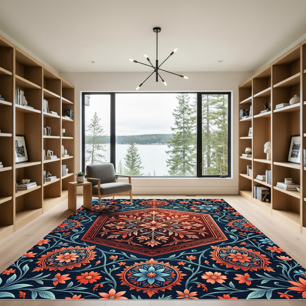 Hexagonal Crimson Floral Medallion Rug
