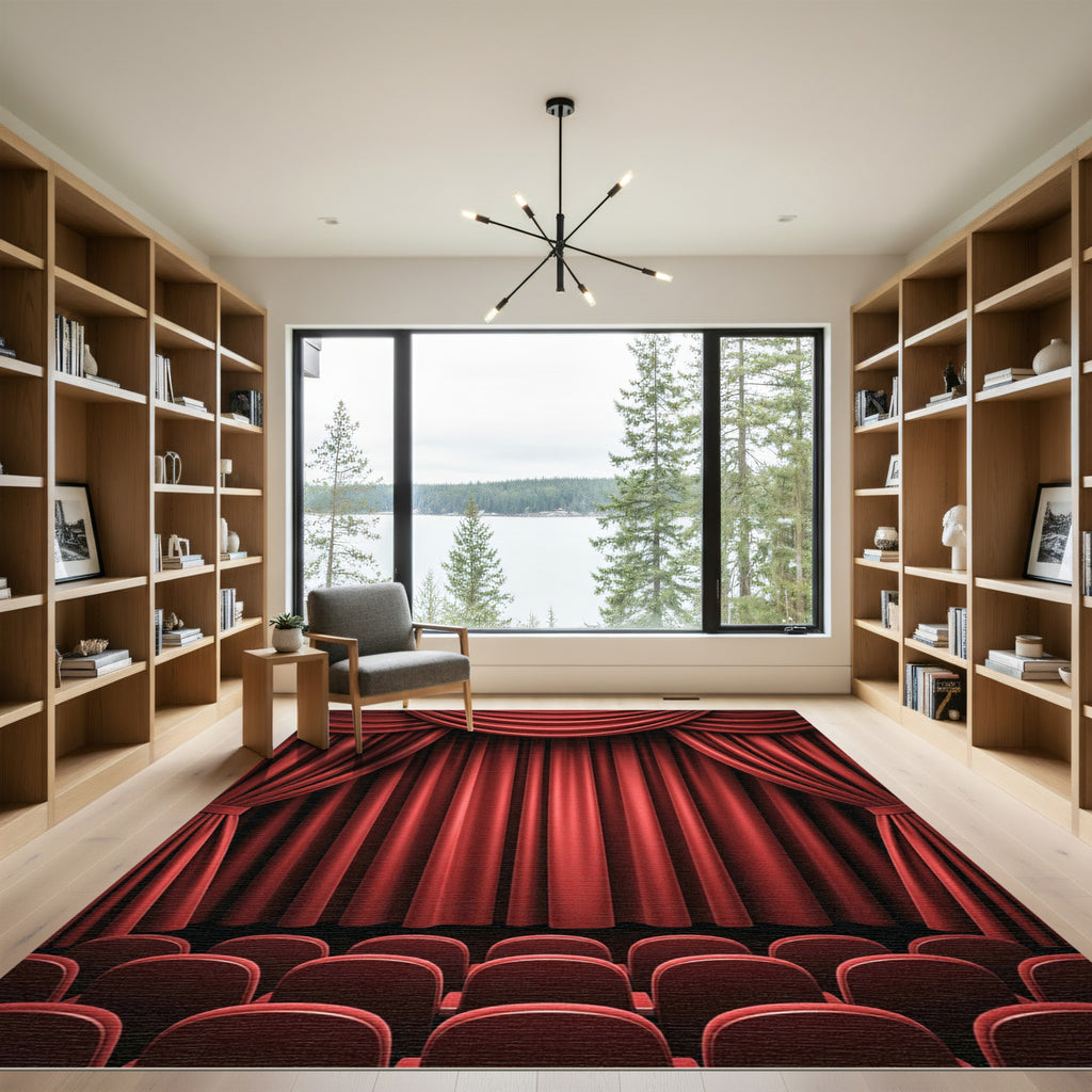 Crimson Draped Velvet Theater Curtains Rug