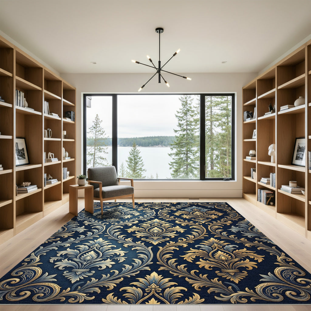 Ornate Navy Gold Damask Scroll Rug