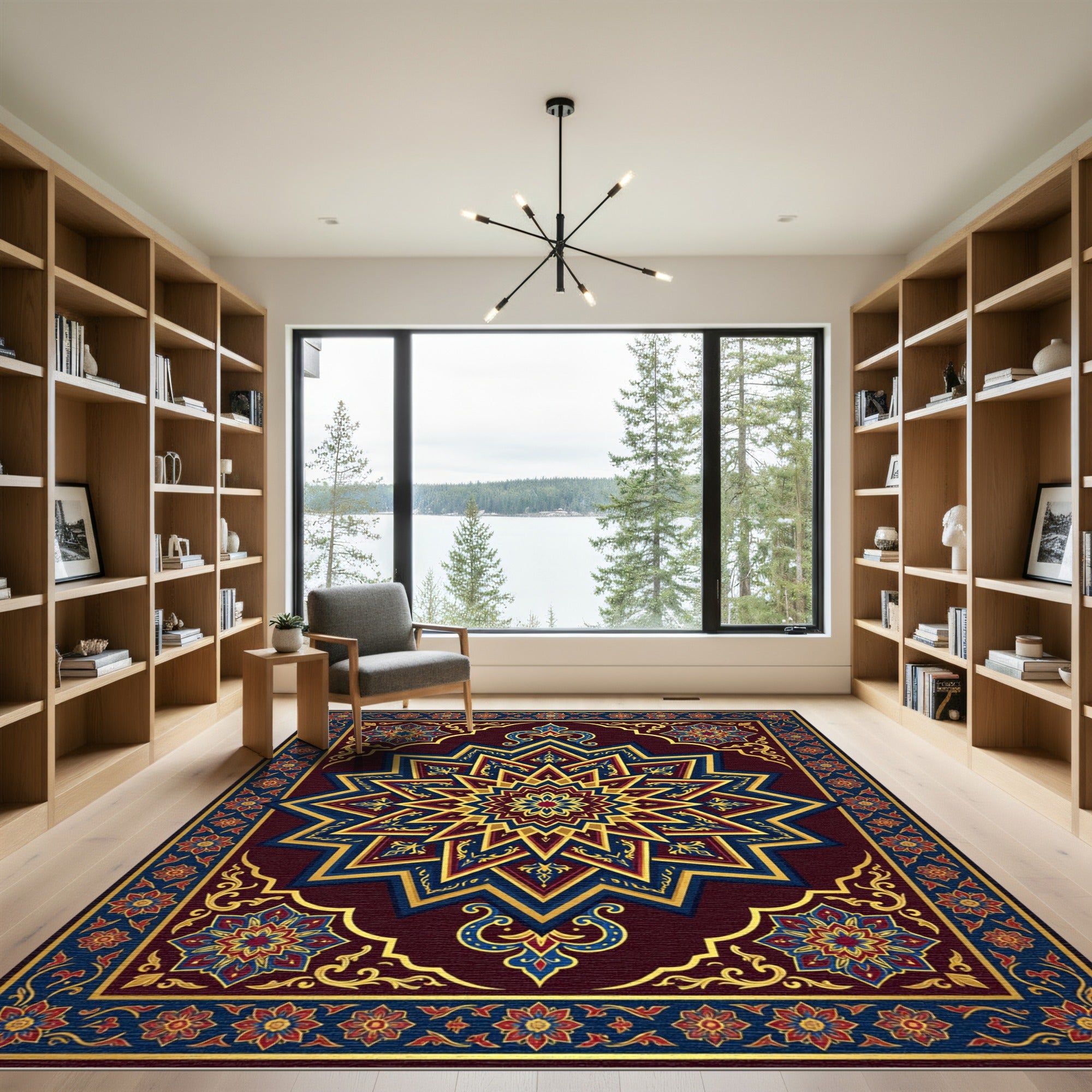 Rich Crimson Geometric Star Medallion Rug