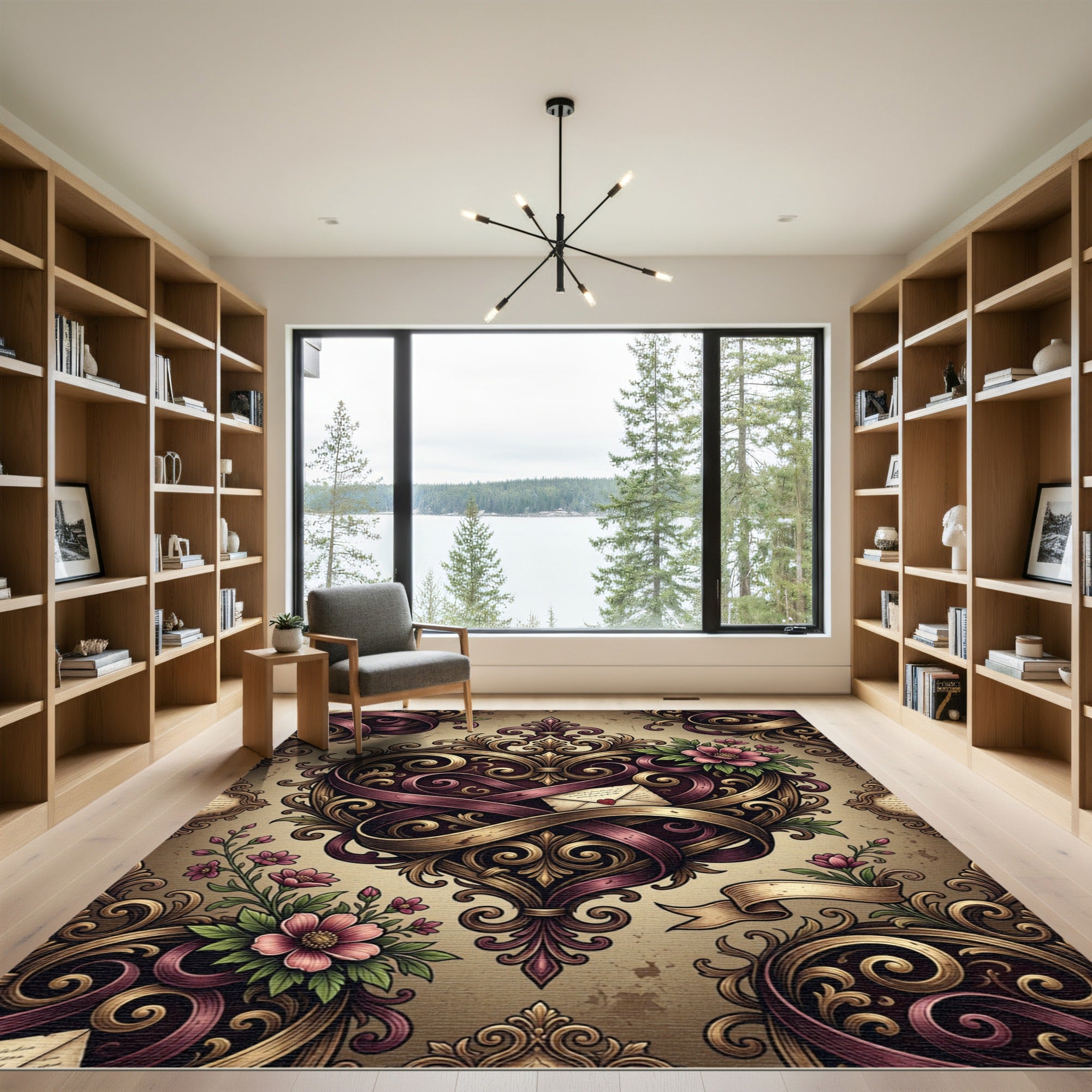 Ornate Crimson Gold Heart Flourish Rug