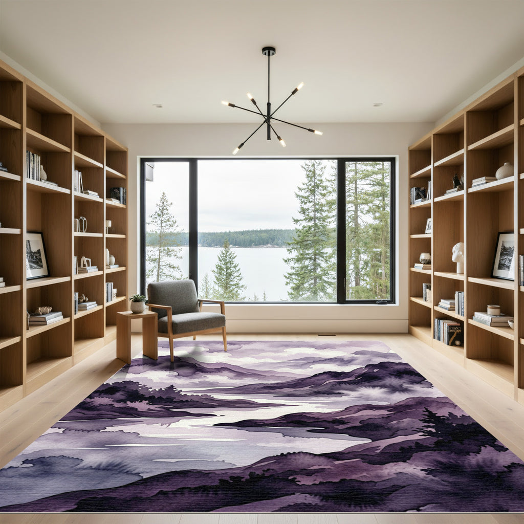 Ethereal Purple Watercolor Mountain Landscape Rug