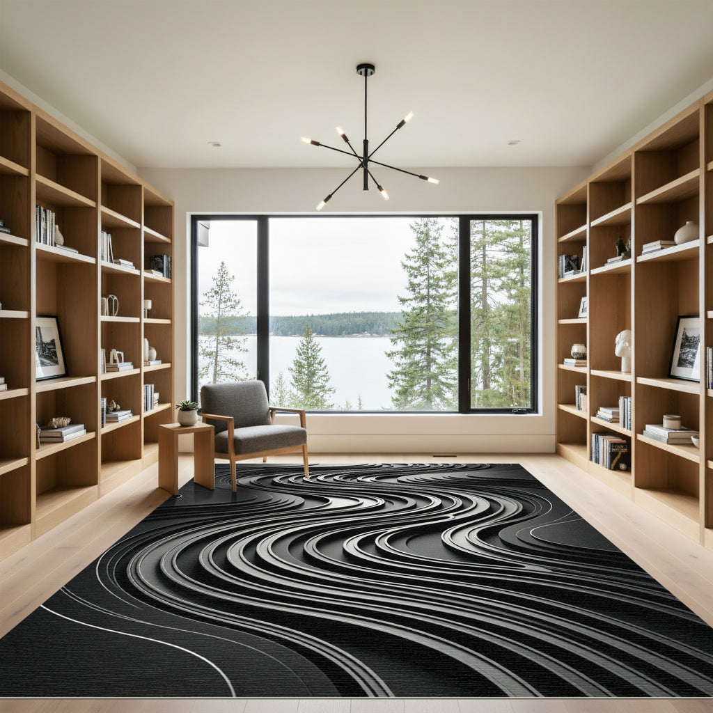 Modern Black Wavy Layered Rug