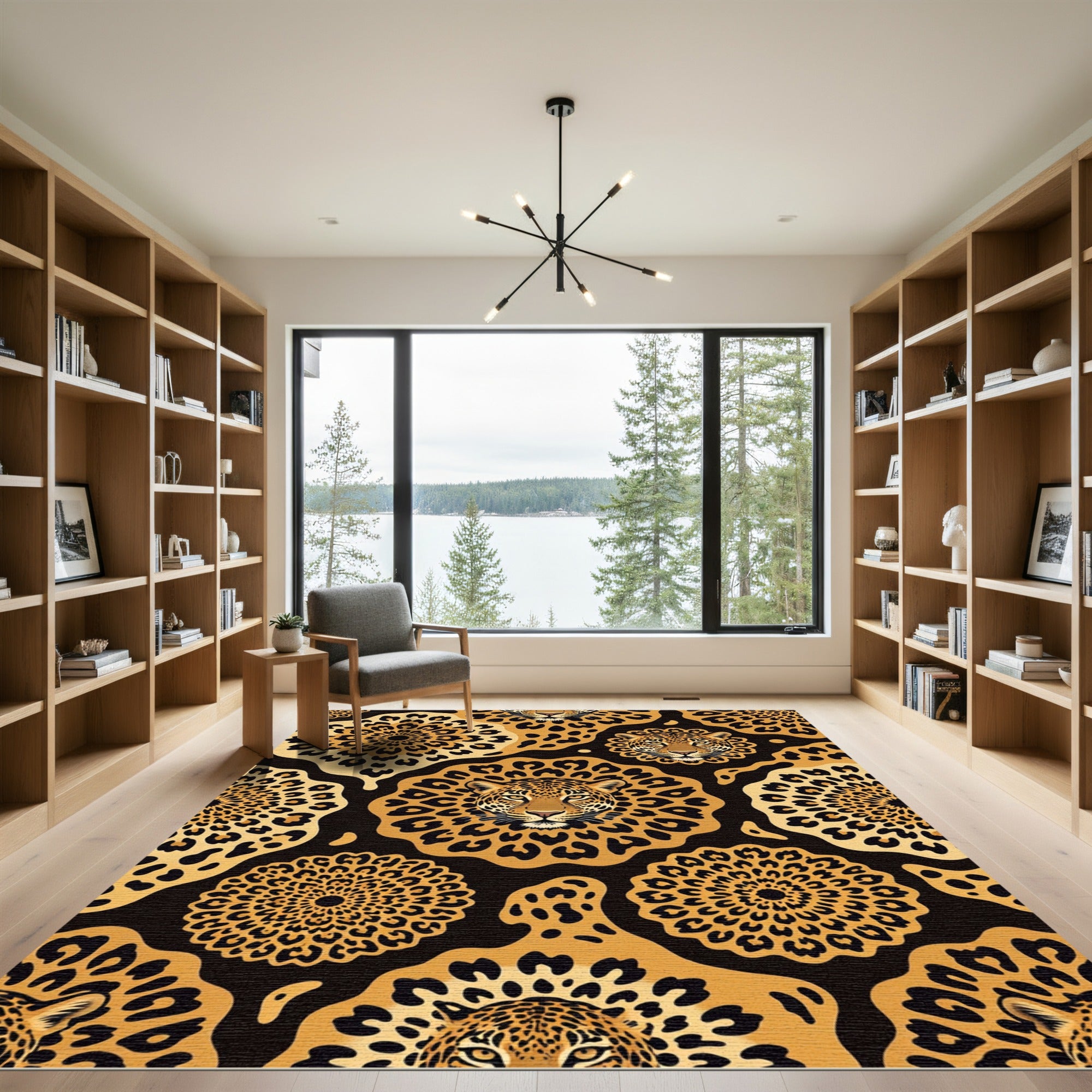Jungle Leopard Face Gold Medallion Rug