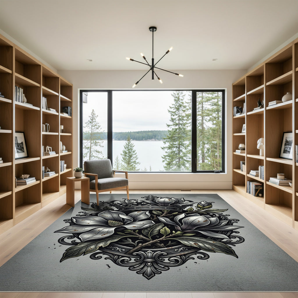 Monochrome Magnolia Crown Embellished Floral Rug