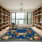 Elegant Navy Blue Camellia Floral Wreath Rug